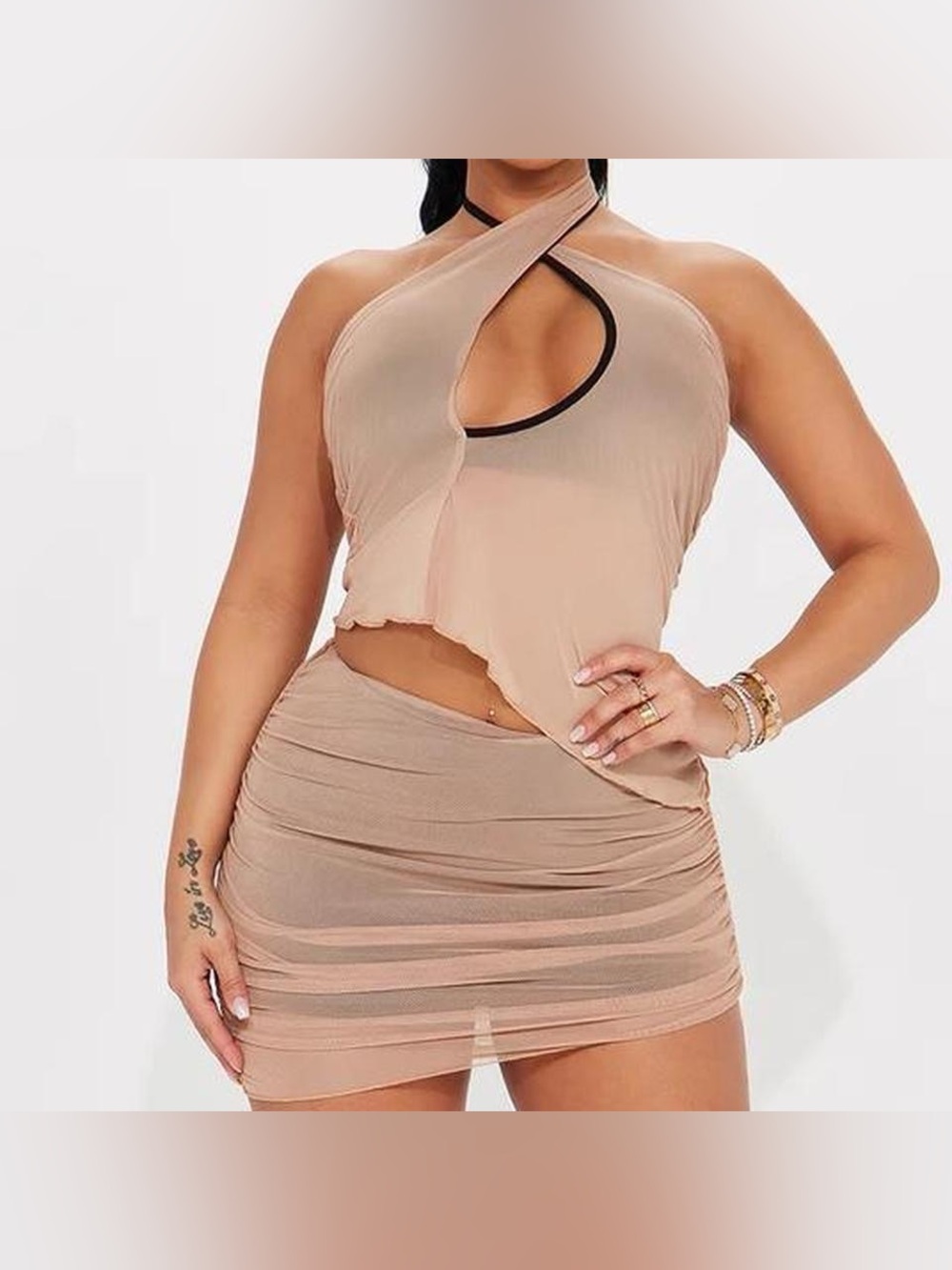 Two-Piece Taupe Mesh Halter Crop Top & Mini Skirt Set